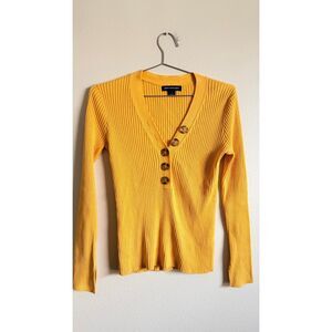 SOMETHING NAVY Ribbed Henley Sweater Yellow V Neck Button Long Sleeve Size S
